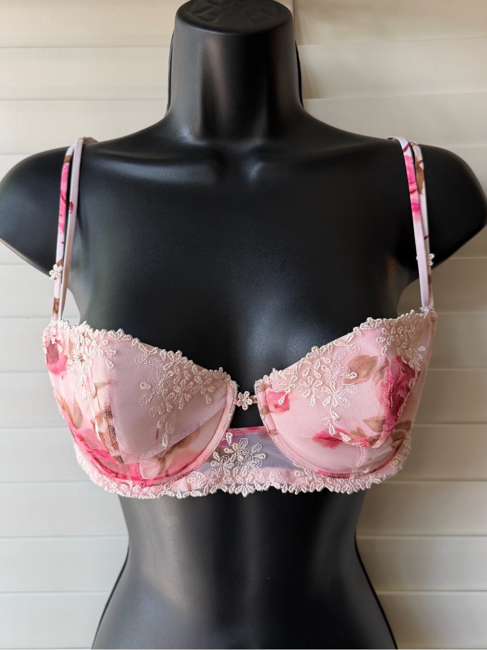 Floral Lace Mesh Cup Pink Lejaby 36B Womens Underwire Bra Made In France